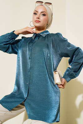 Yaka Taşlı Parlak Saten Gömlek Petrol Yeşili - Thumbnail