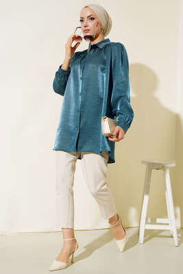 Yaka Taşlı Parlak Saten Gömlek Petrol Yeşili - Thumbnail