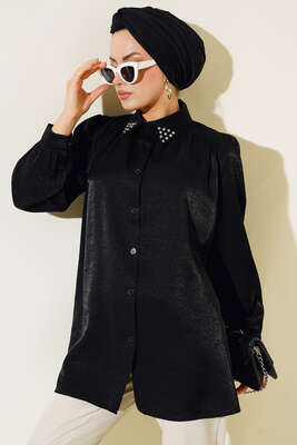 Yaka Taşlı Parlak Saten Gömlek Siyah - Thumbnail