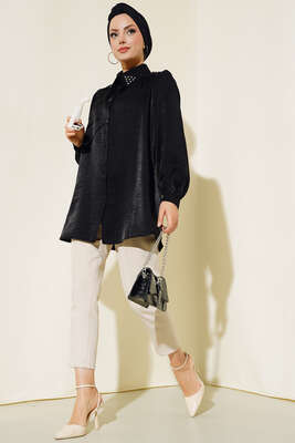 Yaka Taşlı Parlak Saten Gömlek Siyah - Thumbnail