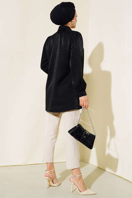 Yaka Taşlı Parlak Saten Gömlek Siyah - Thumbnail