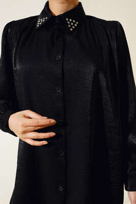 Yaka Taşlı Parlak Saten Gömlek Siyah - Thumbnail