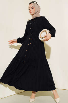 Dantel Detaylı Boydan Düğmeli Elbise Siyah - Thumbnail