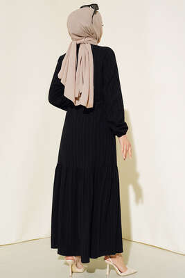 Dantel Detaylı Boydan Düğmeli Elbise Siyah - Thumbnail