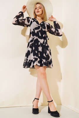 Kruvaze Yaka Uzun Kol Tül Elbise Siyah - Thumbnail