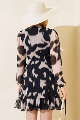 Kruvaze Yaka Uzun Kol Tül Elbise Siyah - Thumbnail