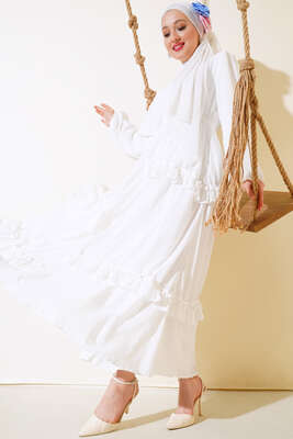 Pazarium - Ponpon Detaylı Elbise Beyaz