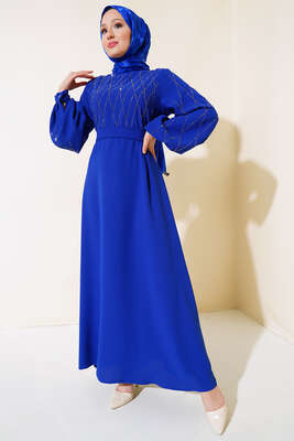 Taş Süslemeli Elbise Saks - Thumbnail