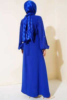 Taş Süslemeli Elbise Saks - Thumbnail