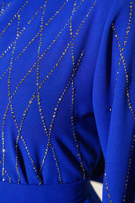 Taş Süslemeli Elbise Saks - Thumbnail