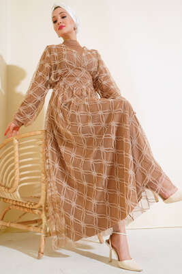 Pazarium - Nakışlı Tüllü Elbise Latte