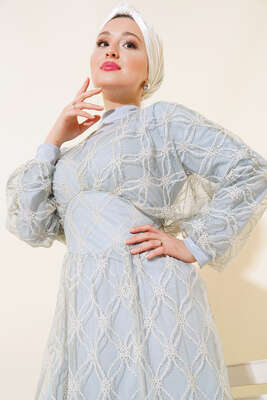 Pazarium - Nakışlı Tüllü Elbise Gri