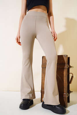 İnce Fitilli İspanyol Pantolon Taş - Thumbnail