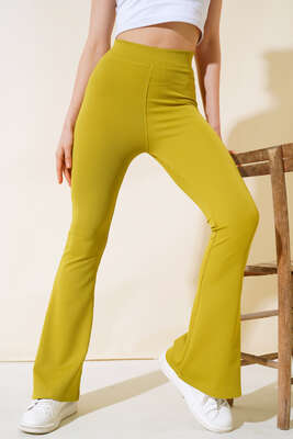 İnce Fitilli İspanyol Pantolon Yağ Yeşili - Thumbnail