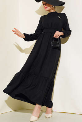 Pazarium - Kuşaklı Kat Keten Elbise Siyah