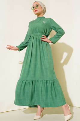 Pazarium - Kuşaklı Kat Keten Elbise Yeşil