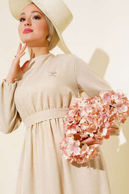 Pazarium - Kuşaklı Kat Keten Elbise Bej