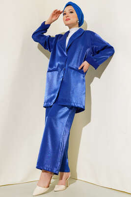 Pazarium - Tek Düğmeli Saten Takım Saks 