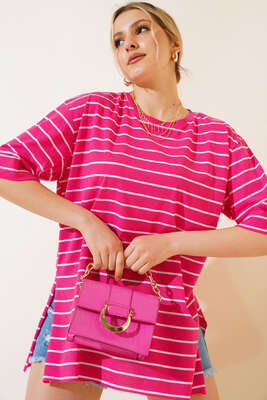 Çizgili Fusya Tshirt - Thumbnail