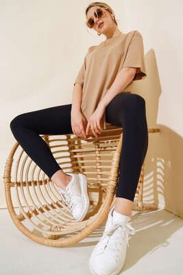 Yırtmaçlı Duble Kol T-shirt Latte - Thumbnail