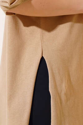 Yırtmaçlı Duble Kol T-shirt Latte - Thumbnail