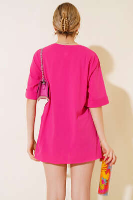 Yırtmaçlı Duble Kol T-shirt Fuşya - Thumbnail