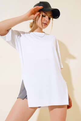 Yırtmaçlı Duble Kol T-shirt Beyaz - Thumbnail