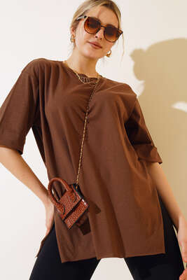 Yırtmaçlı Duble Kol T-shirt Kahve - Thumbnail