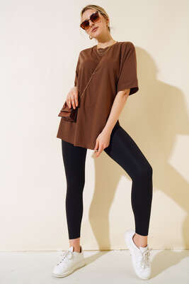 Yırtmaçlı Duble Kol T-shirt Kahve - Thumbnail