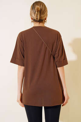 Yırtmaçlı Duble Kol T-shirt Kahve - Thumbnail