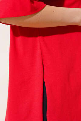 Yırtmaçlı Duble Kol T-shirt Kırmızı - Thumbnail