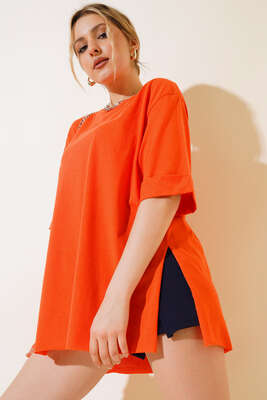 Yırtmaçlı Duble Kol T-shirt Oranj - Thumbnail