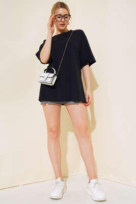 Yırtmaçlı Duble Kol T-shirt Siyah - Thumbnail