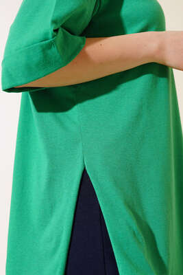 Yırtmaçlı Duble Kol T-shirt Yeşil - Thumbnail