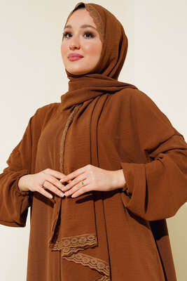 Şal Modelli Kol Lastikli Ferace Taba - Thumbnail