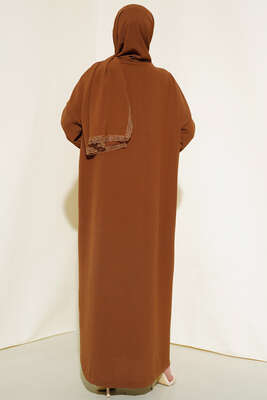 Şal Modelli Kol Lastikli Ferace Taba - Thumbnail