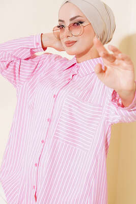 Pazarium - Çizgili Tep Cepli Oversize Gömlek Pembe 