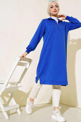 Pazarium - Yarım Fermuarlı Basıc Uzun Tunik Saks