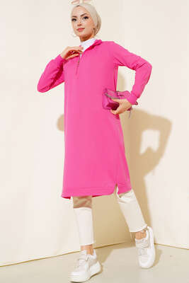 Pazarium - Yarım Fermuarlı Basıc Uzun Tunik Fuşya