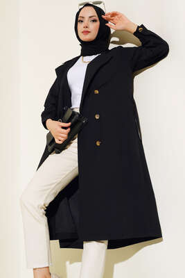 Bel Kuşaklı Düğmeli Trençkot Siyah - Thumbnail