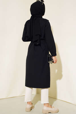 Bel Kuşaklı Düğmeli Trençkot Siyah - Thumbnail