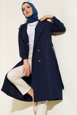 Bel Kuşaklı Düğmeli Trençkot Lacivert - Thumbnail