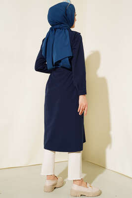 Bel Kuşaklı Düğmeli Trençkot Lacivert - Thumbnail