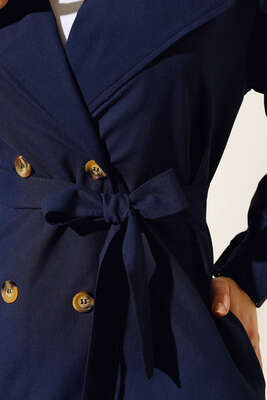 Bel Kuşaklı Düğmeli Trençkot Lacivert - Thumbnail