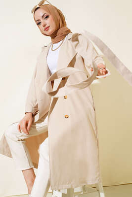 Bel Kuşaklı Düğmeli Trençkot Bej - Thumbnail