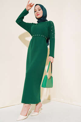 İnci Detaylı Kuşaklı Elbise Zümrüt Yeşili - Thumbnail