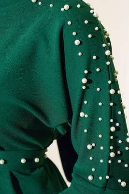 İnci Detaylı Kuşaklı Elbise Zümrüt Yeşili - Thumbnail