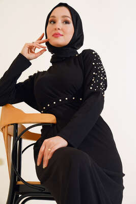 İnci Detaylı Kuşaklı Elbise Siyah - Thumbnail