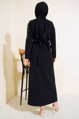 İnci Detaylı Kuşaklı Elbise Siyah - Thumbnail