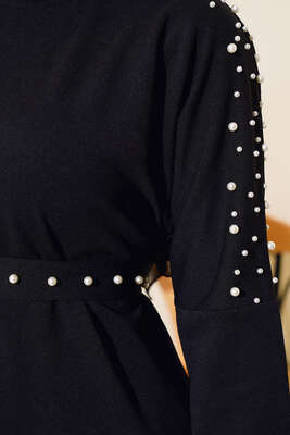 İnci Detaylı Kuşaklı Elbise Siyah - Thumbnail